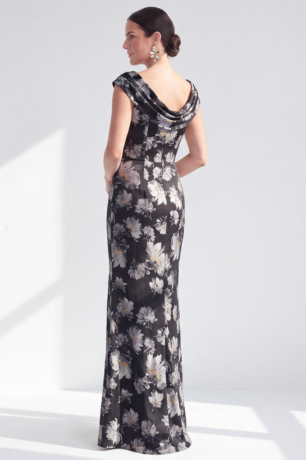 Navy White Fower Floral Mermaid Long Wedding Guest Dress with Slit
