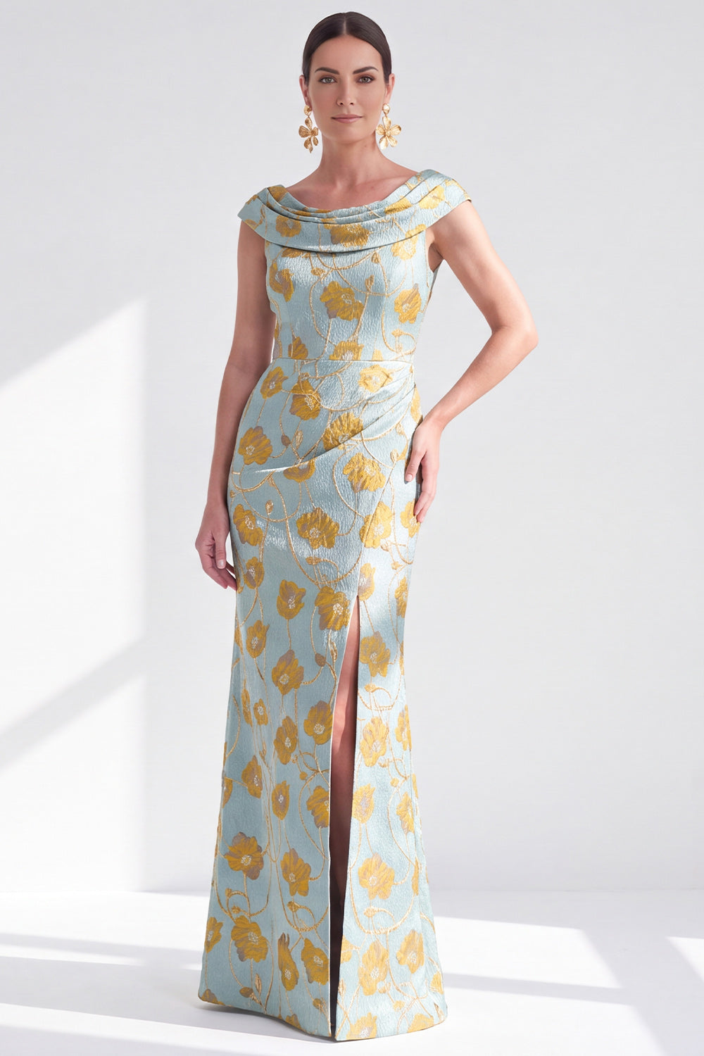 Navy White Fower Floral Mermaid Long Wedding Guest Dress with Slit