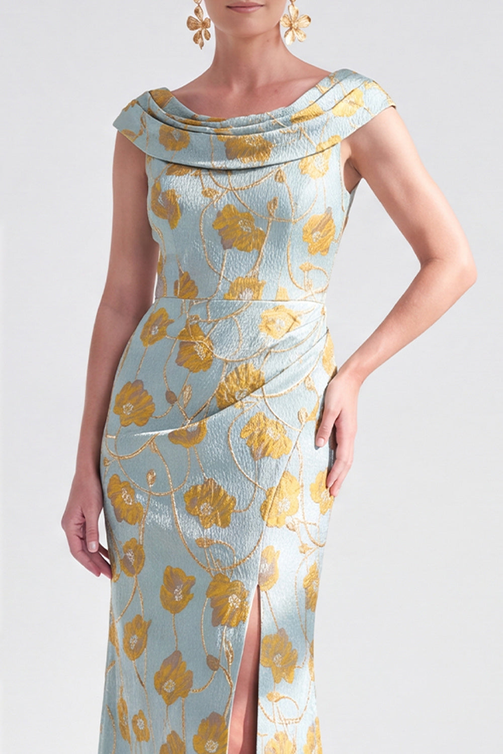 Navy White Fower Floral Mermaid Long Wedding Guest Dress with Slit