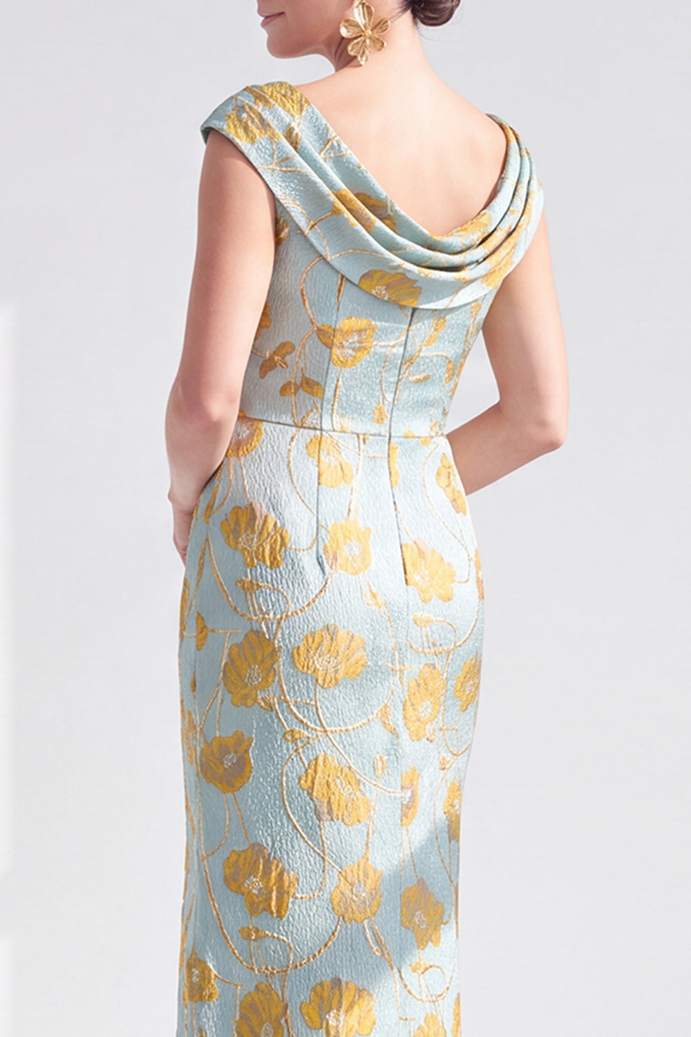 Navy White Fower Floral Mermaid Long Wedding Guest Dress with Slit
