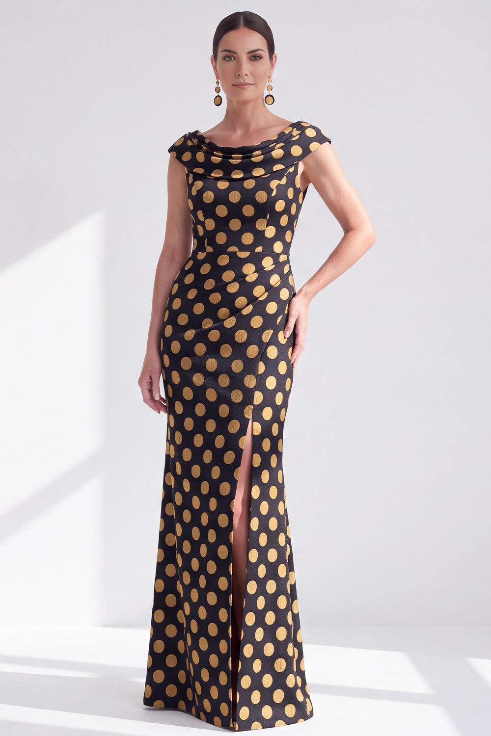 Navy White Fower Floral Mermaid Long Wedding Guest Dress with Slit