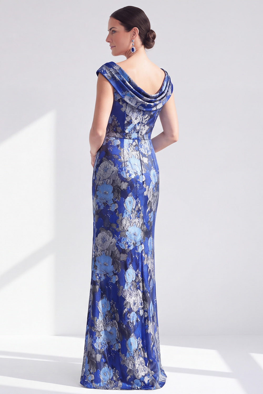 Navy White Fower Floral Mermaid Long Wedding Guest Dress with Slit