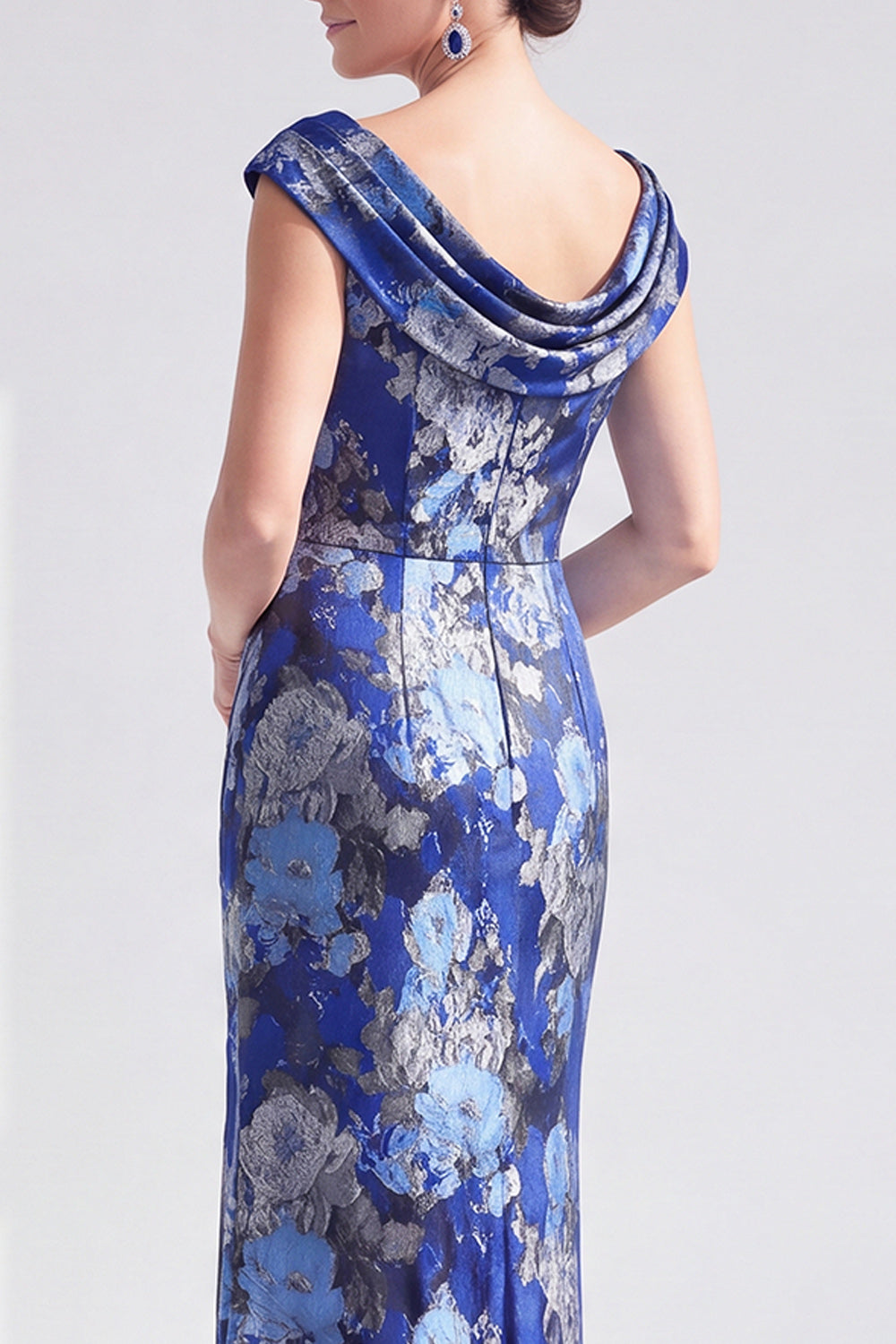 Navy White Fower Floral Mermaid Long Wedding Guest Dress with Slit