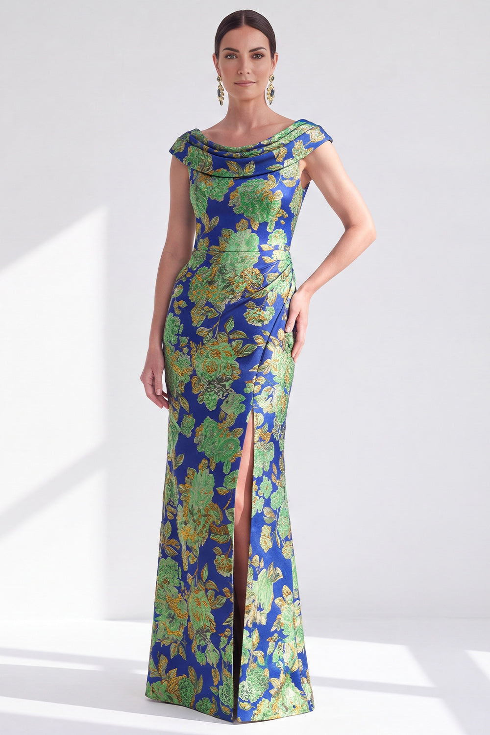 Navy White Fower Floral Mermaid Long Wedding Guest Dress with Slit