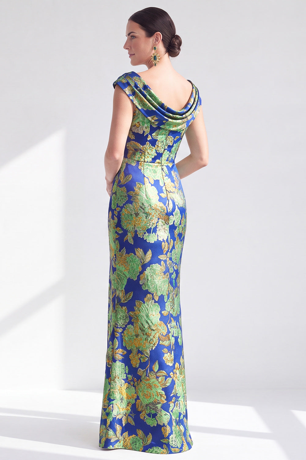 Navy White Fower Floral Mermaid Long Wedding Guest Dress with Slit