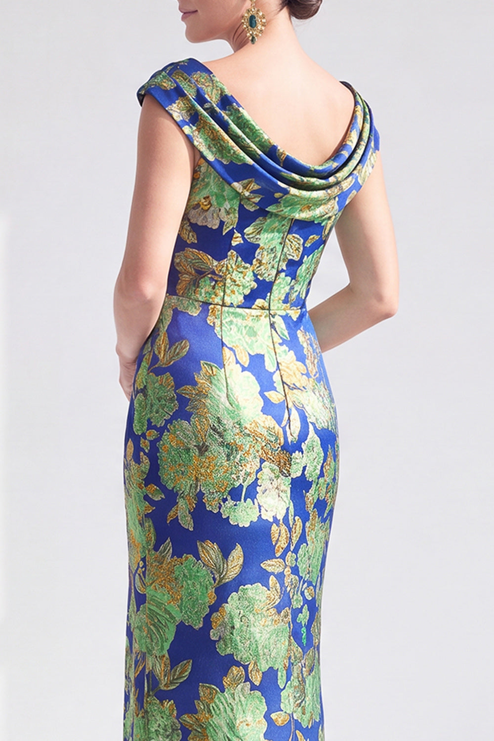Navy White Fower Floral Mermaid Long Wedding Guest Dress with Slit