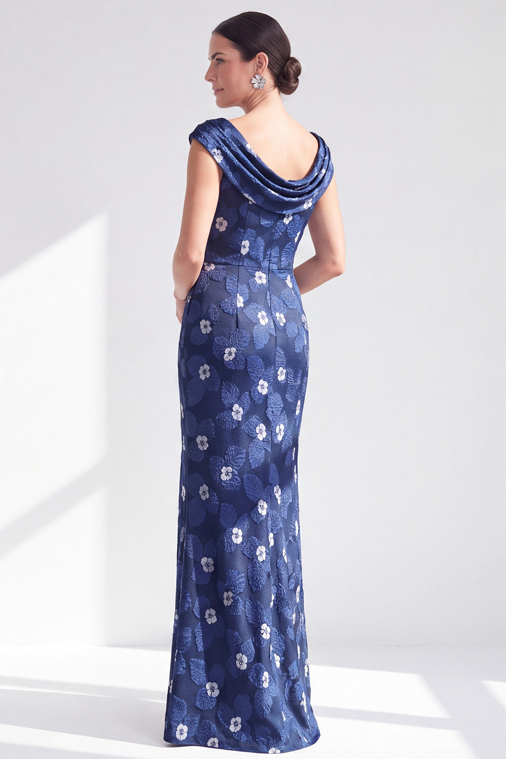 Navy White Fower Floral Mermaid Long Wedding Guest Dress with Slit