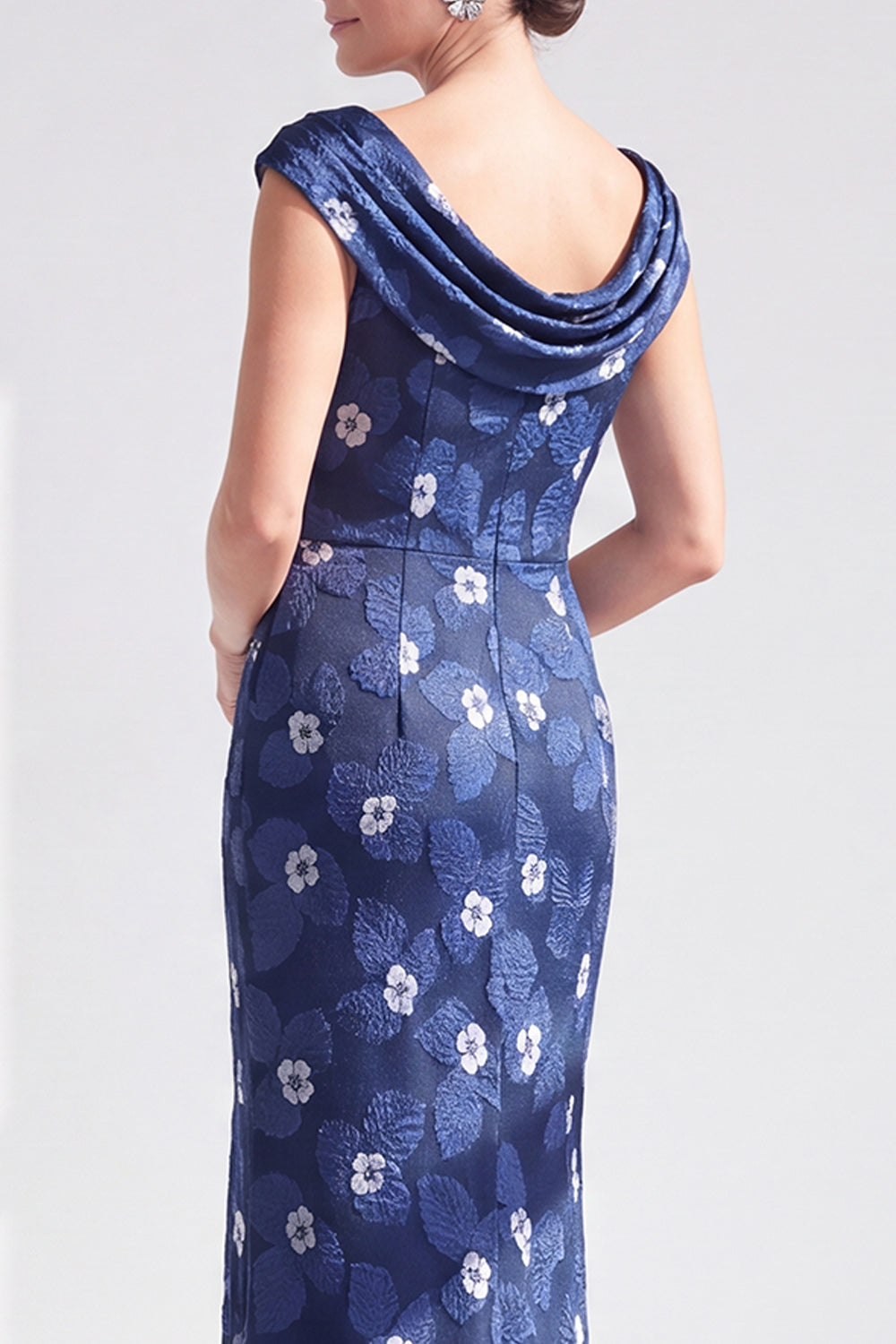 Navy White Fower Floral Mermaid Long Wedding Guest Dress with Slit