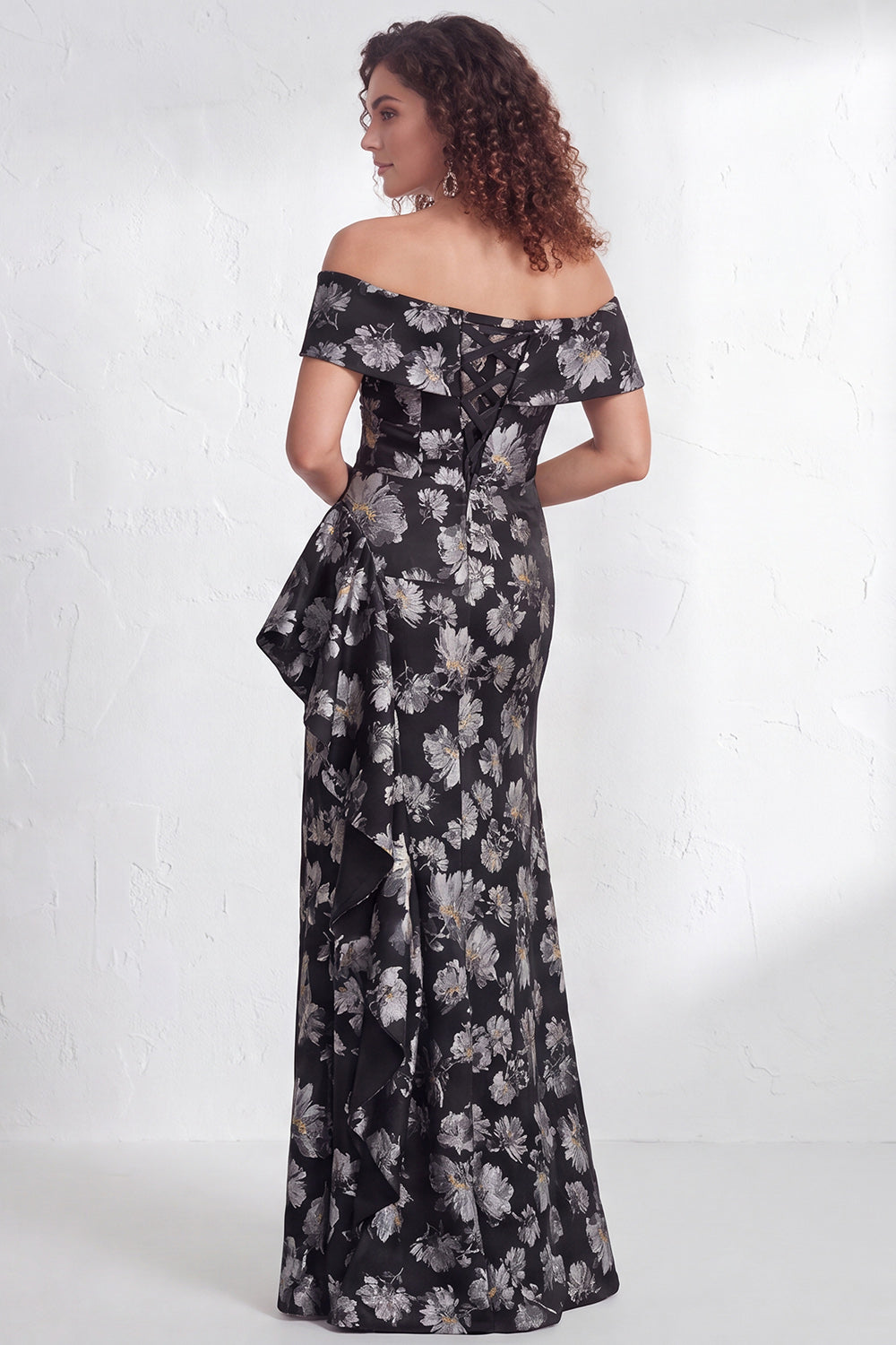Floral Navy Green Flower  Mermaid Ruffled Ruched Long Wedding Guest Dress with Slit