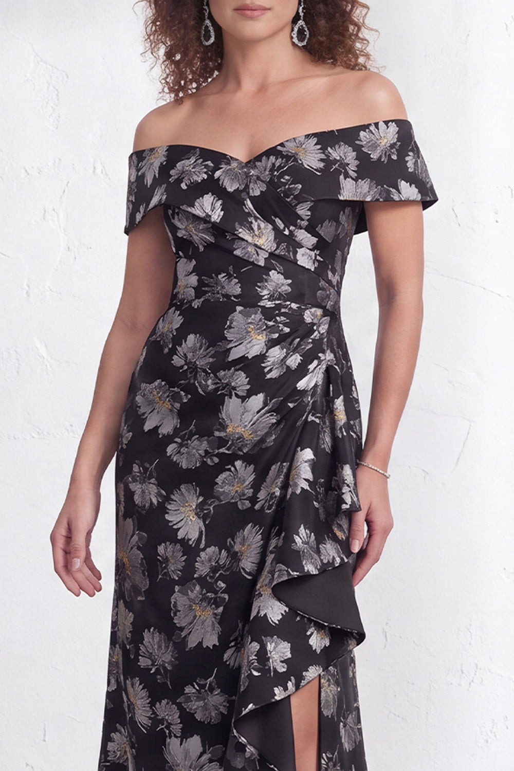 Floral Navy Green Flower  Mermaid Ruffled Ruched Long Wedding Guest Dress with Slit