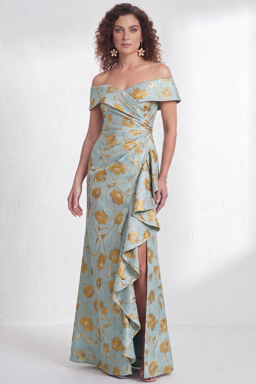 Floral Navy Green Flower  Mermaid Ruffled Ruched Long Wedding Guest Dress with Slit