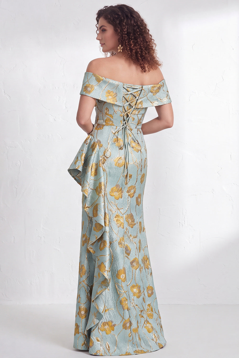 Floral Navy Green Flower  Mermaid Ruffled Ruched Long Wedding Guest Dress with Slit