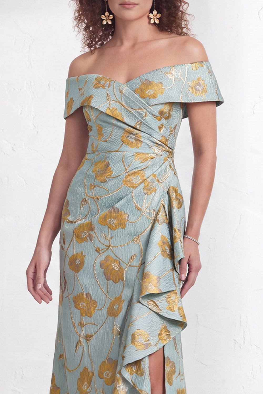 Floral Navy Green Flower  Mermaid Ruffled Ruched Long Wedding Guest Dress with Slit