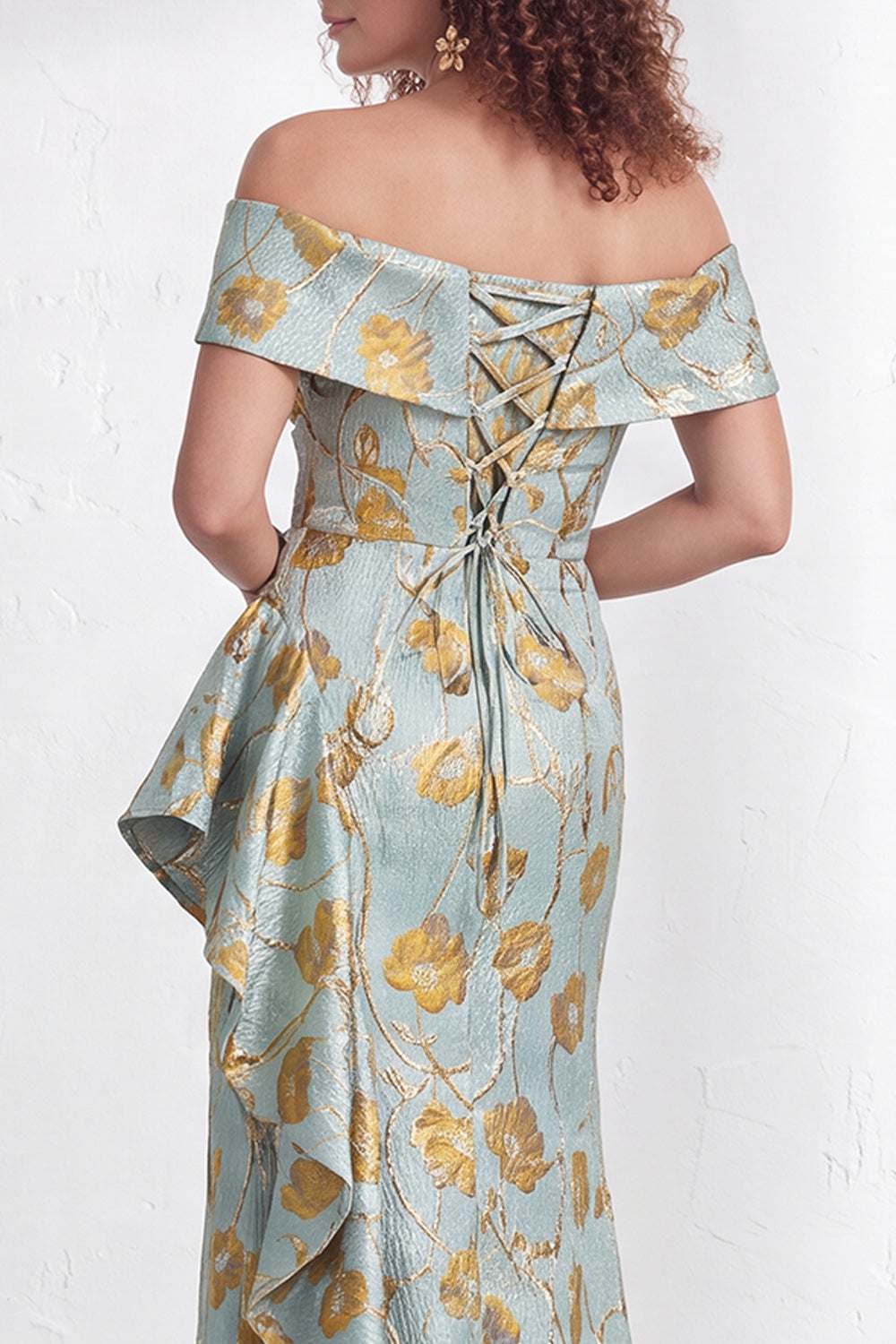 Floral Navy Green Flower  Mermaid Ruffled Ruched Long Wedding Guest Dress with Slit