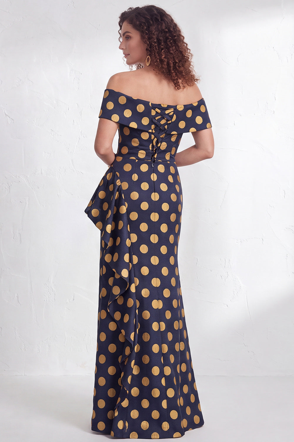 Floral Navy Green Flower  Mermaid Ruffled Ruched Long Wedding Guest Dress with Slit