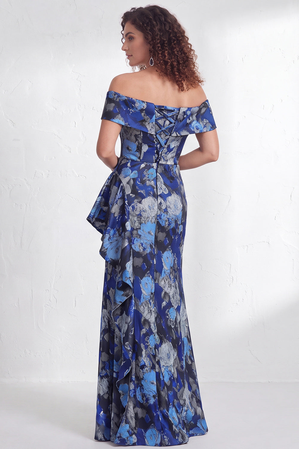Floral Navy Green Flower  Mermaid Ruffled Ruched Long Wedding Guest Dress with Slit