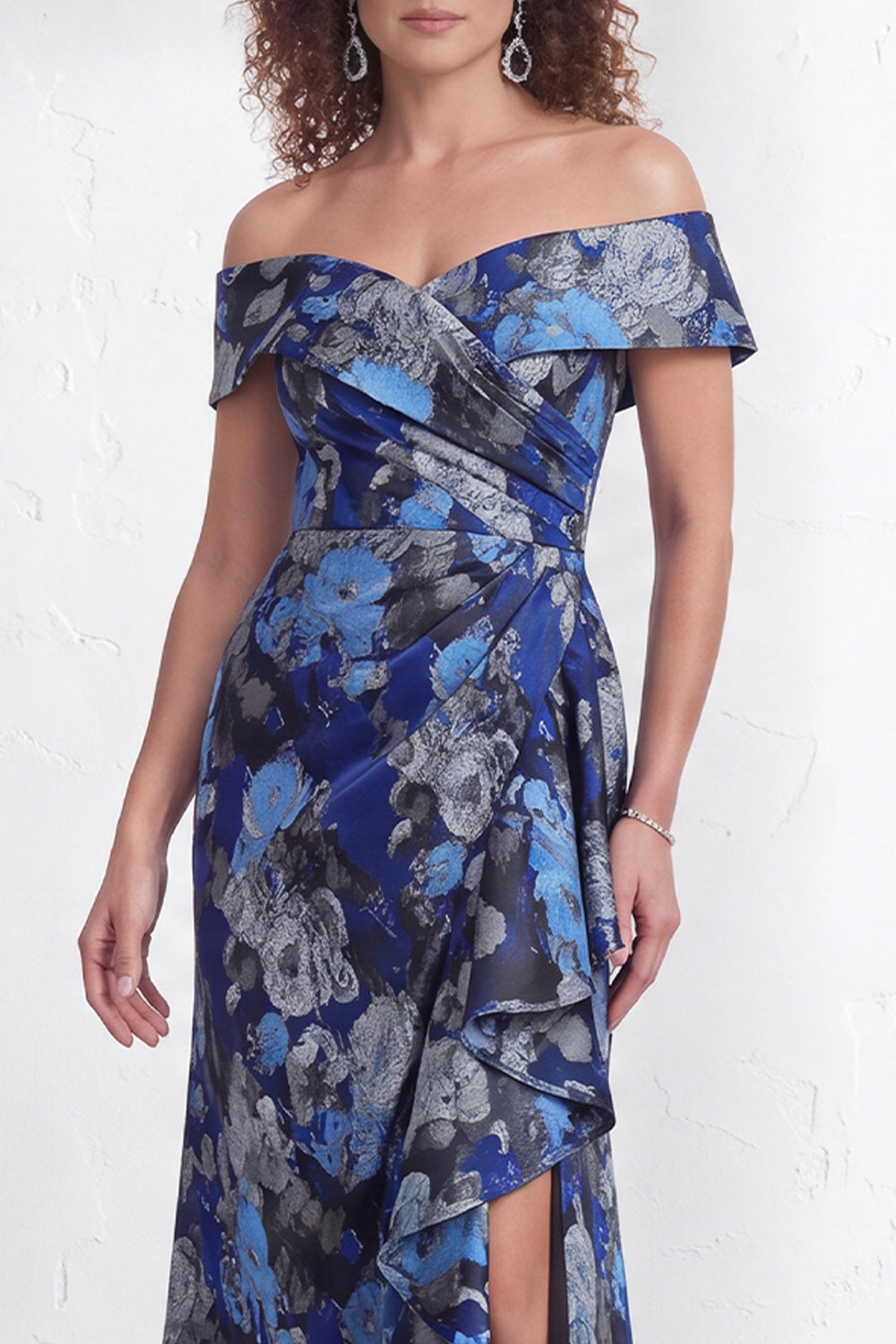 Floral Navy Green Flower  Mermaid Ruffled Ruched Long Wedding Guest Dress with Slit