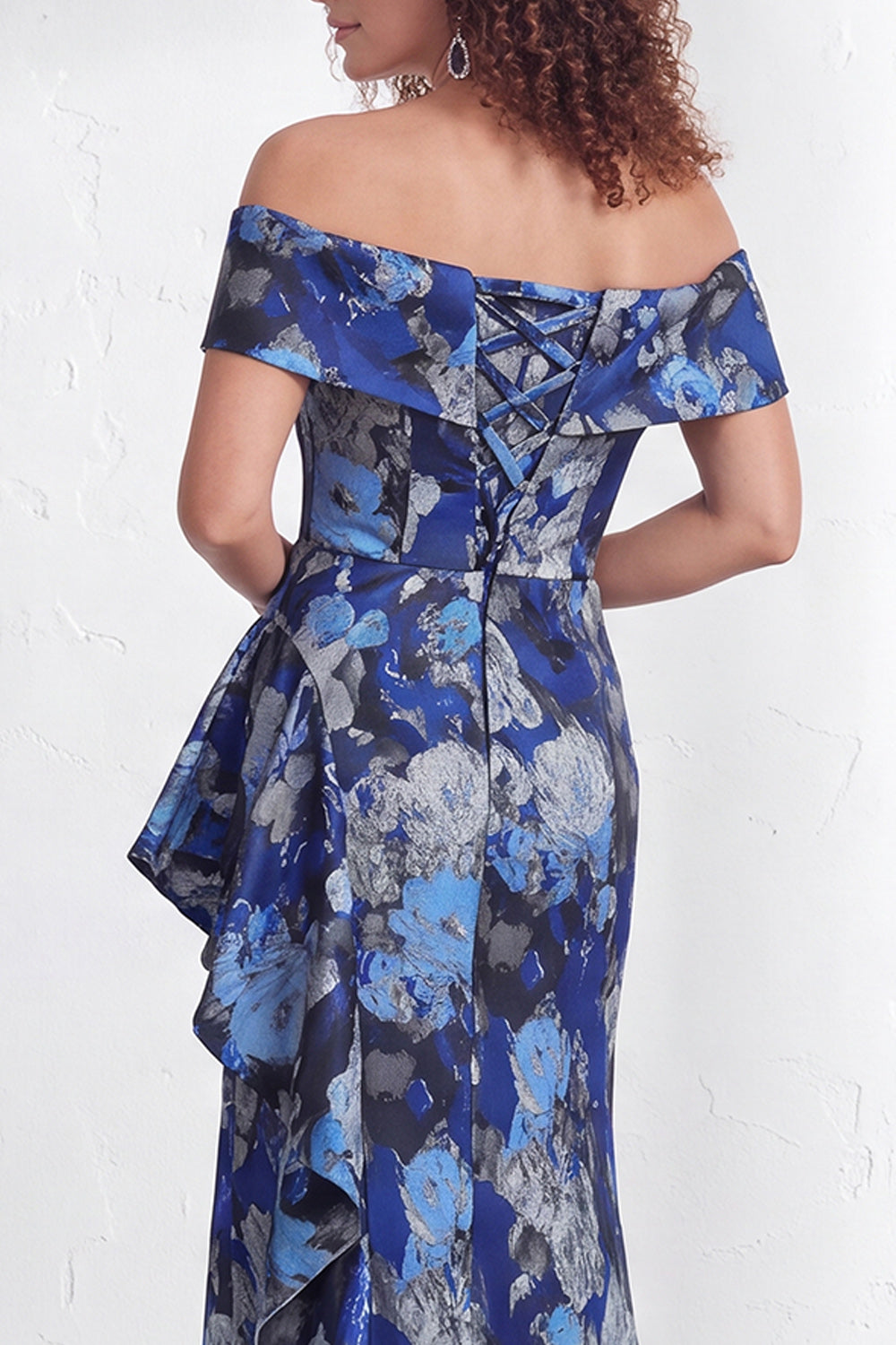 Floral Navy Green Flower  Mermaid Ruffled Ruched Long Wedding Guest Dress with Slit
