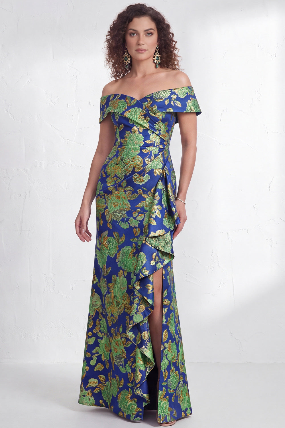 Floral Navy Green Flower  Mermaid Ruffled Ruched Long Wedding Guest Dress with Slit