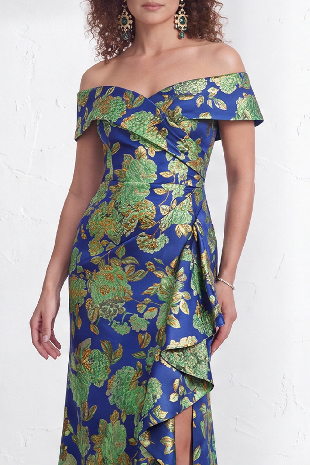 Floral Navy Green Flower  Mermaid Ruffled Ruched Long Wedding Guest Dress with Slit