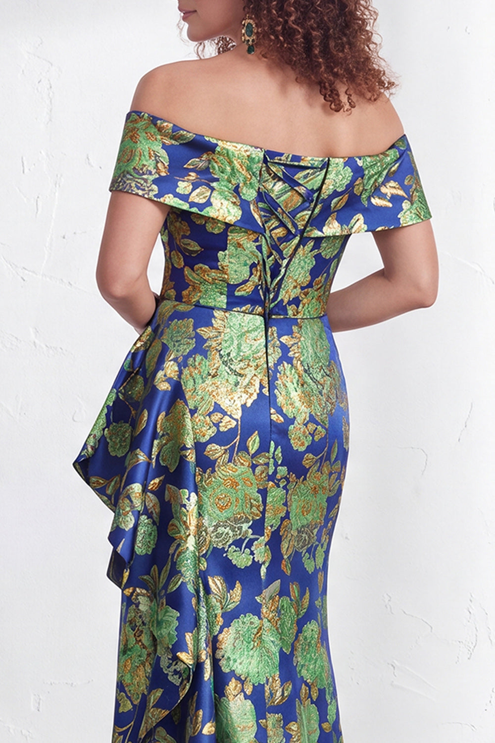 Floral Navy Green Flower  Mermaid Ruffled Ruched Long Wedding Guest Dress with Slit