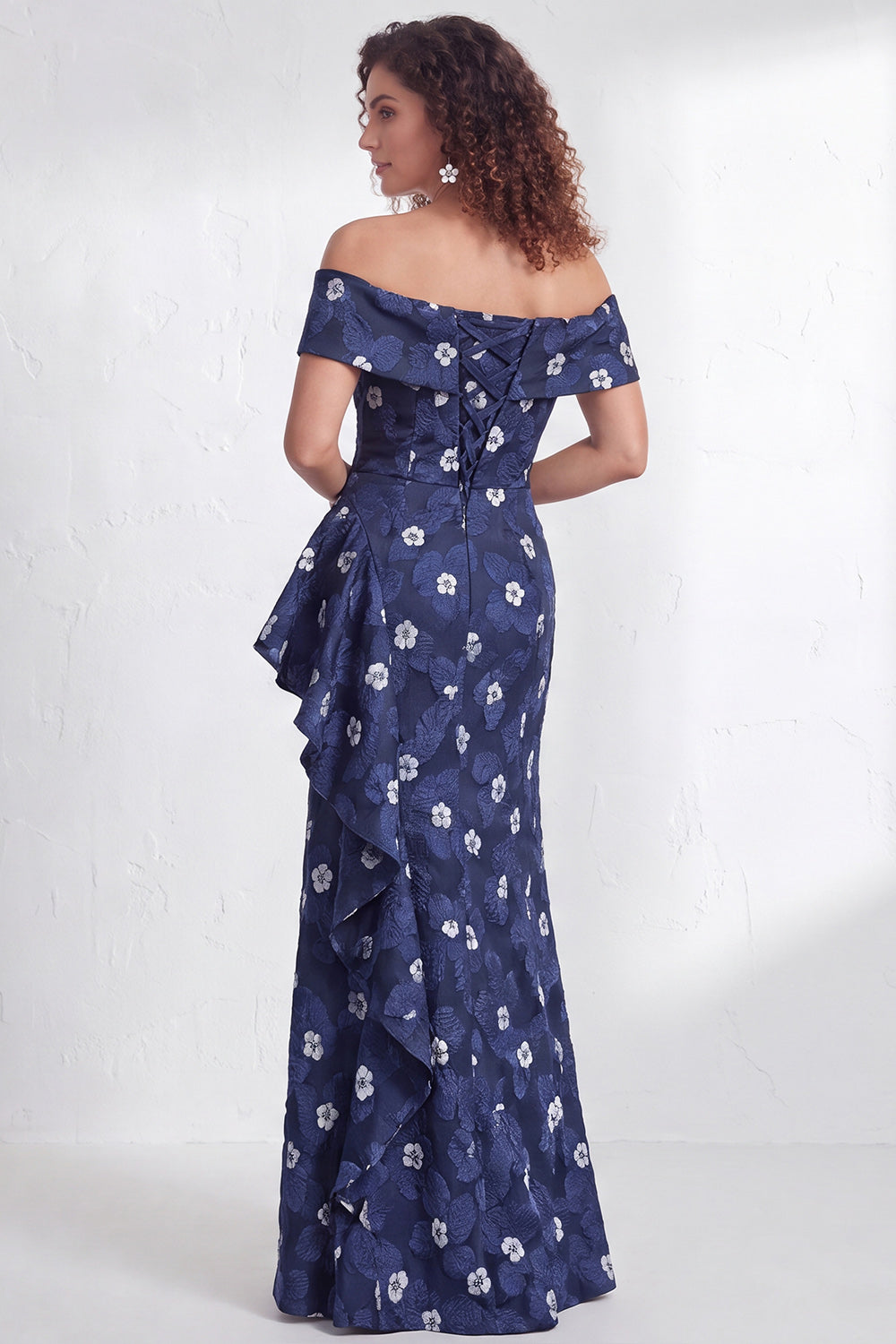 Floral Navy Green Flower  Mermaid Ruffled Ruched Long Wedding Guest Dress with Slit