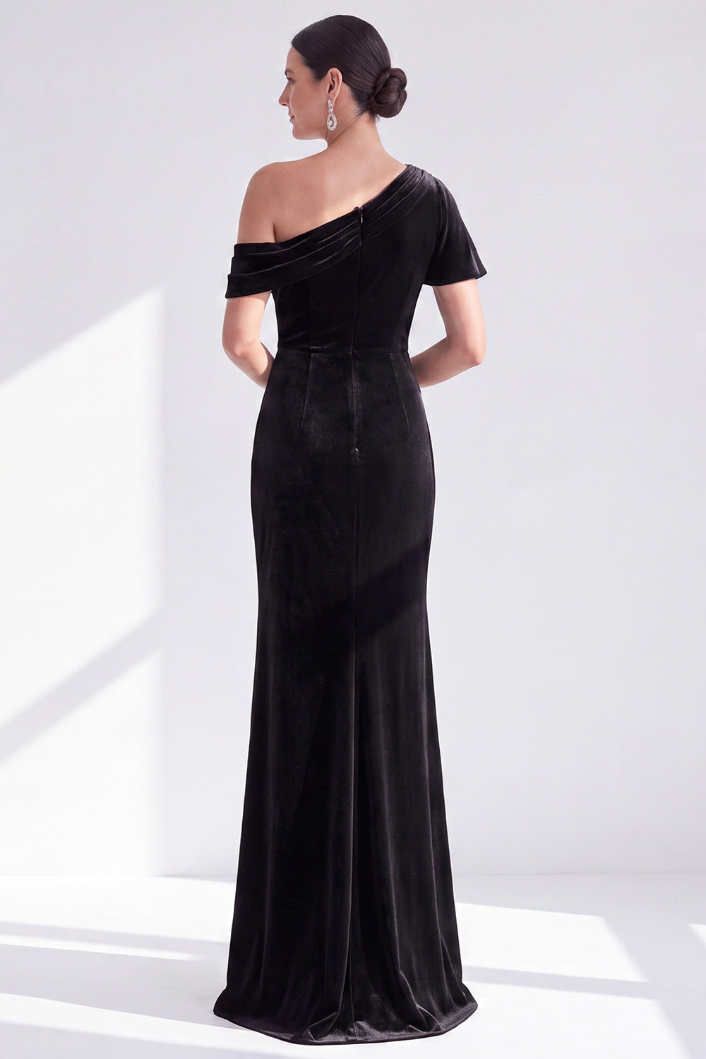 Grey Blue Velvet One Shoulder Mermaid Long Wedding Guest Dress with Sleeve