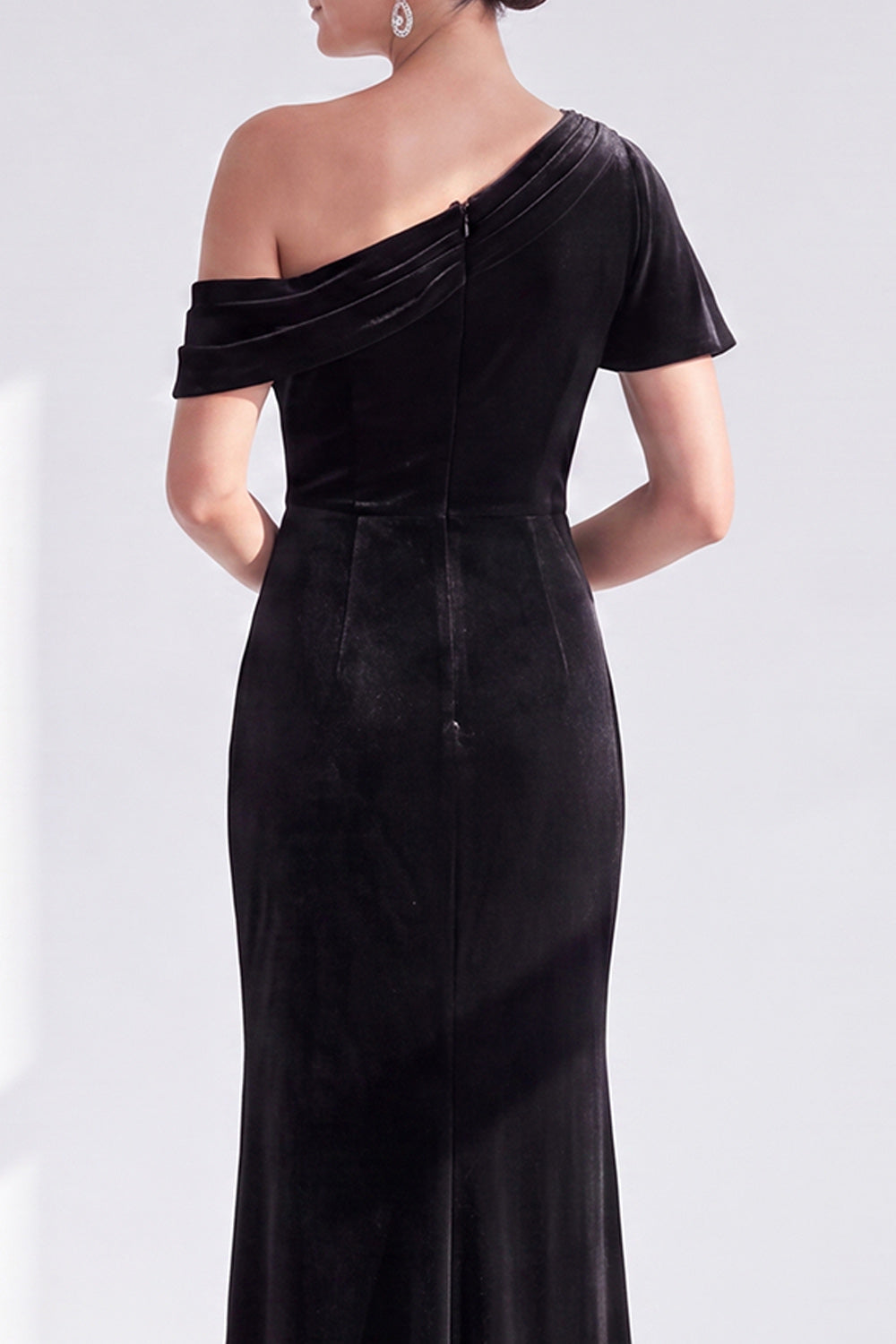 Grey Blue Velvet One Shoulder Mermaid Long Wedding Guest Dress with Sleeve