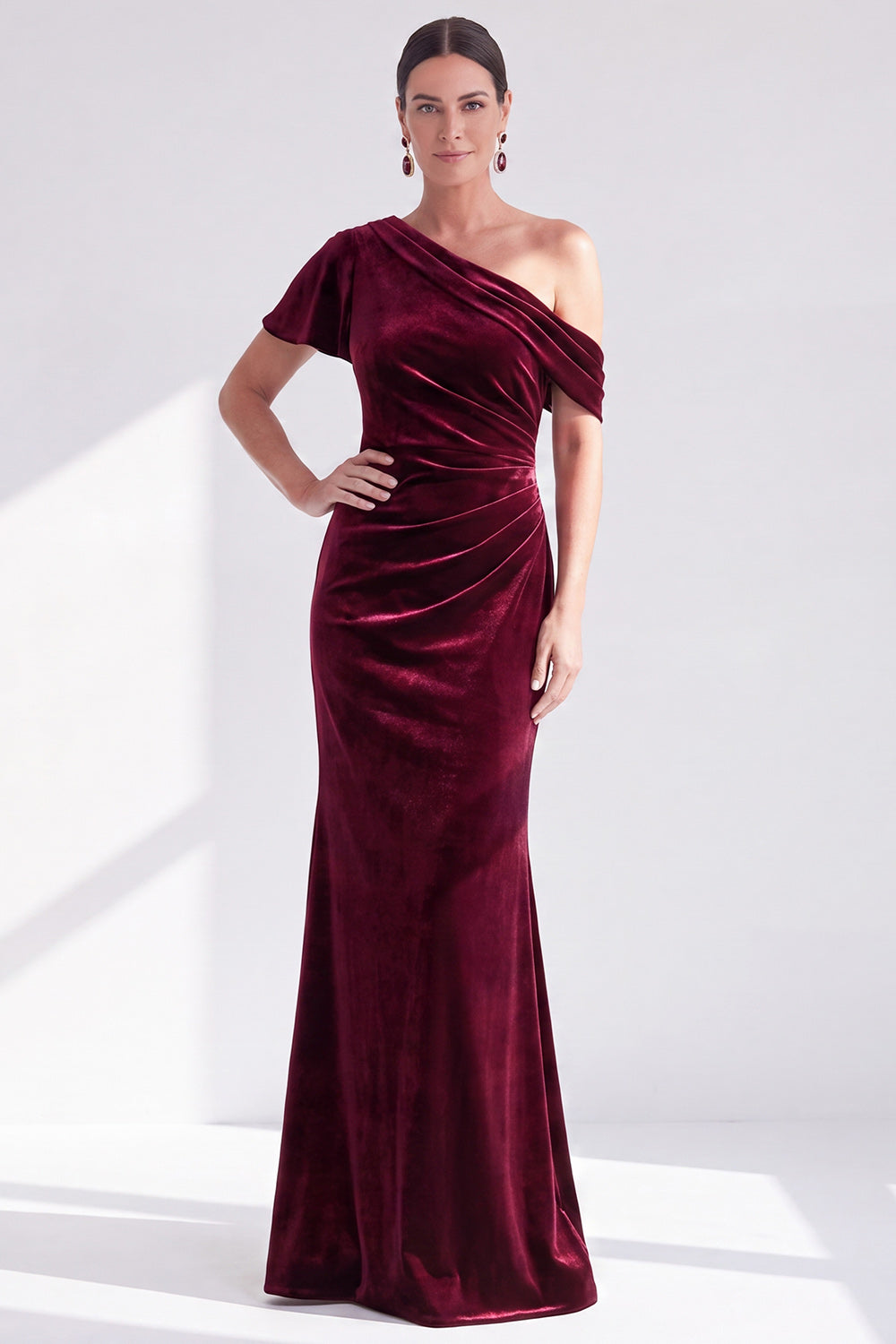Grey Blue Velvet One Shoulder Mermaid Long Wedding Guest Dress with Sleeve