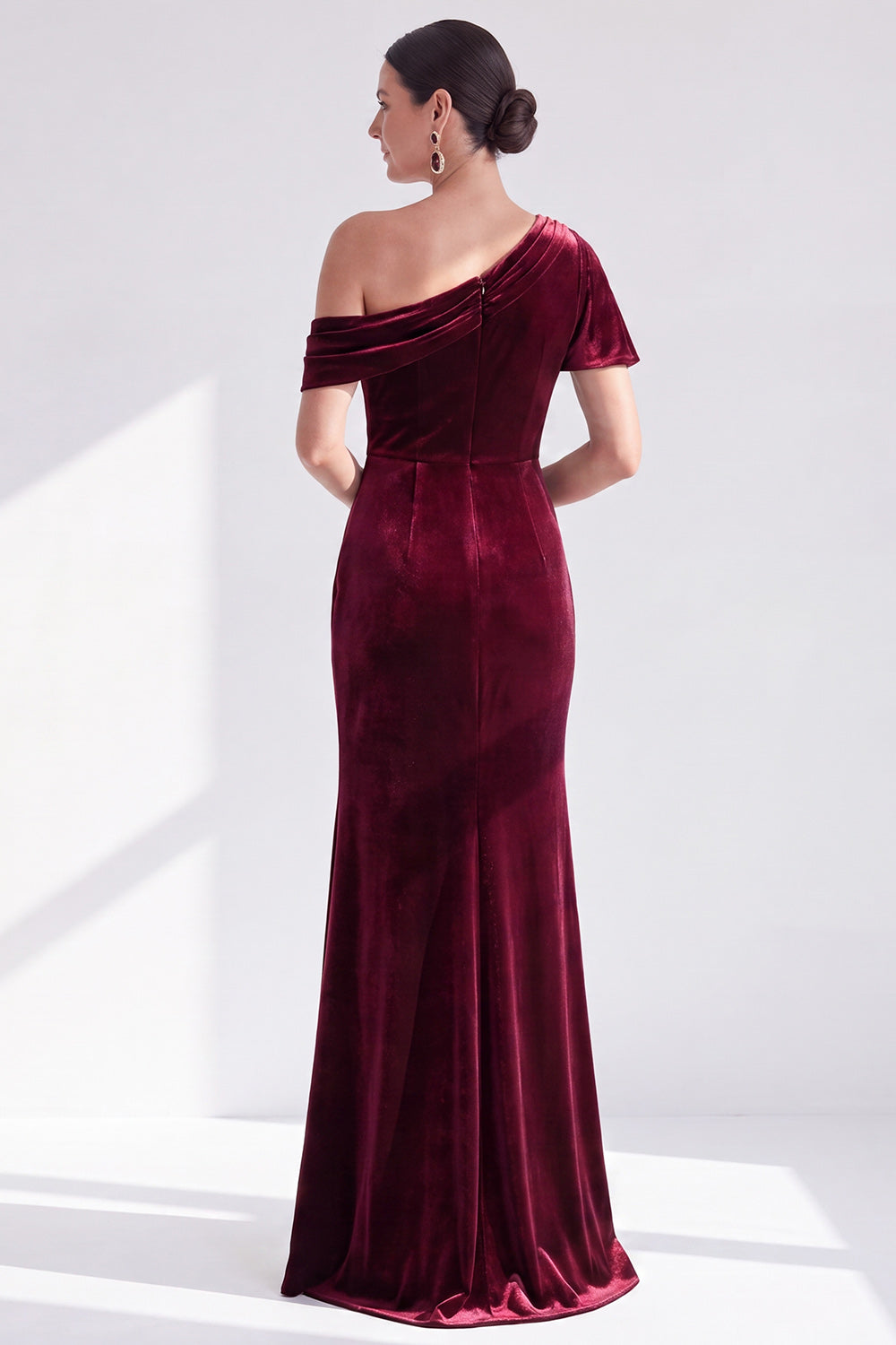 Grey Blue Velvet One Shoulder Mermaid Long Wedding Guest Dress with Sleeve