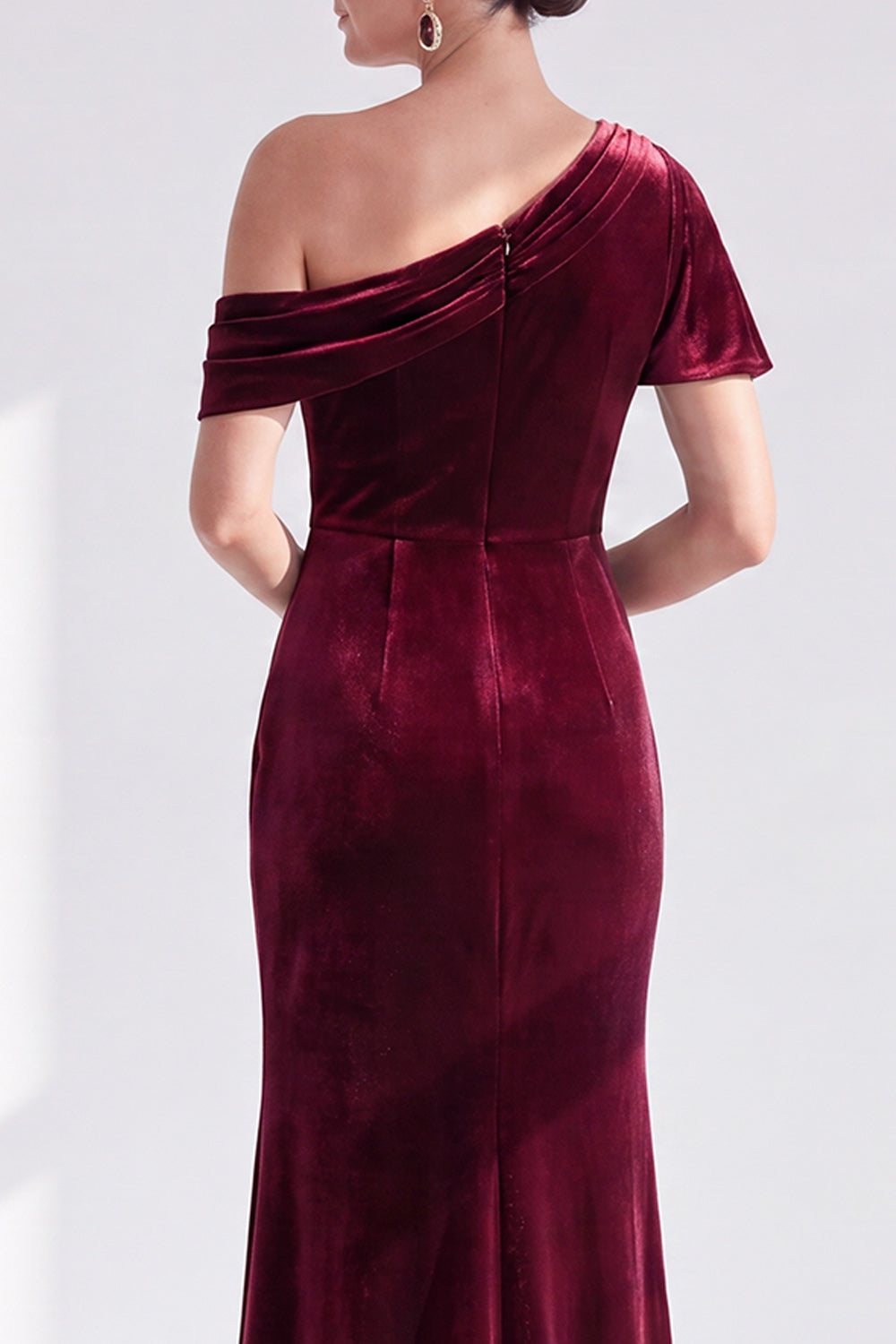 Grey Blue Velvet One Shoulder Mermaid Long Wedding Guest Dress with Sleeve