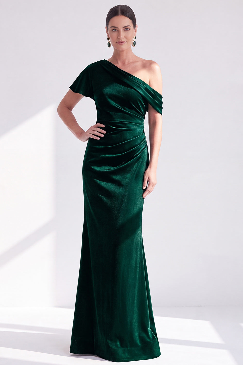 Grey Blue Velvet One Shoulder Mermaid Long Wedding Guest Dress with Sleeve