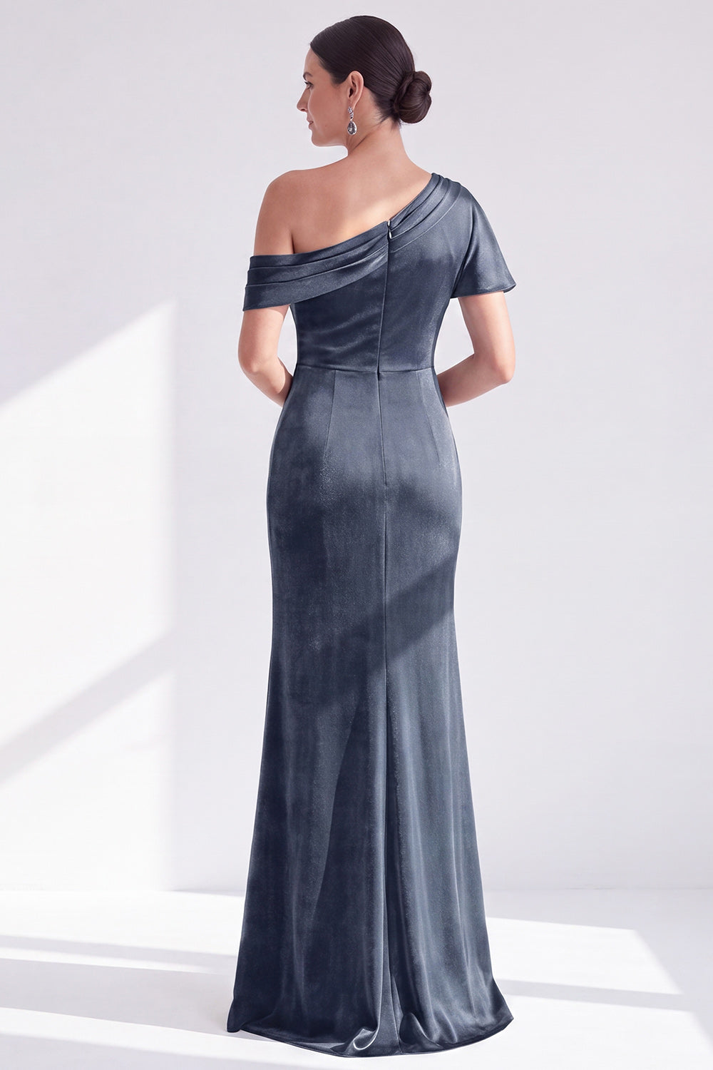 Grey Blue Velvet One Shoulder Mermaid Long Wedding Guest Dress with Sleeve