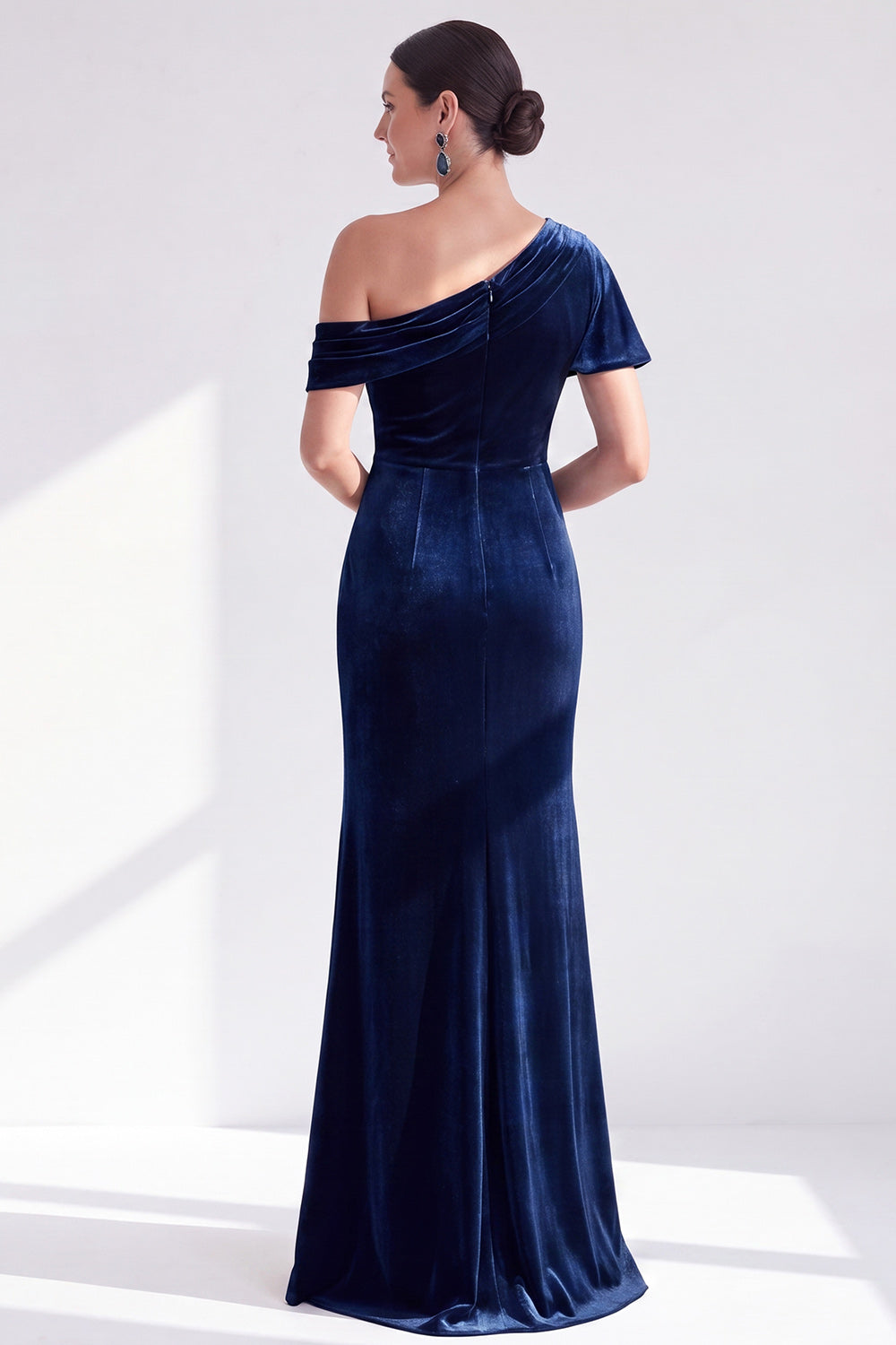 Grey Blue Velvet One Shoulder Mermaid Long Wedding Guest Dress with Sleeve