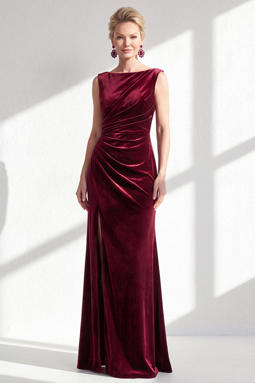 Dark Green Velvet Bateau Neck Mermaid Long Wedding Guest Dress with Slit