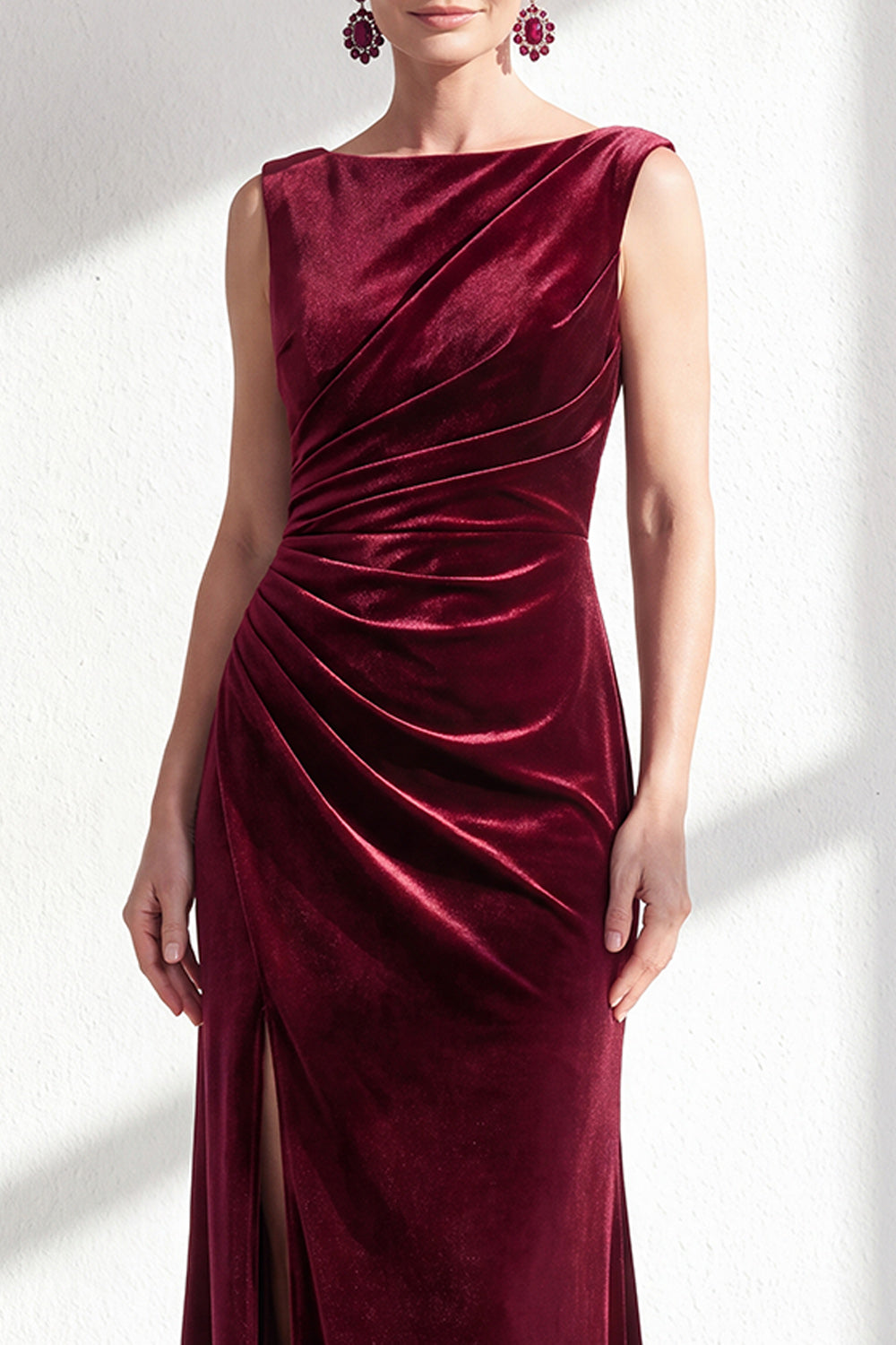 Dark Green Velvet Bateau Neck Mermaid Long Wedding Guest Dress with Slit