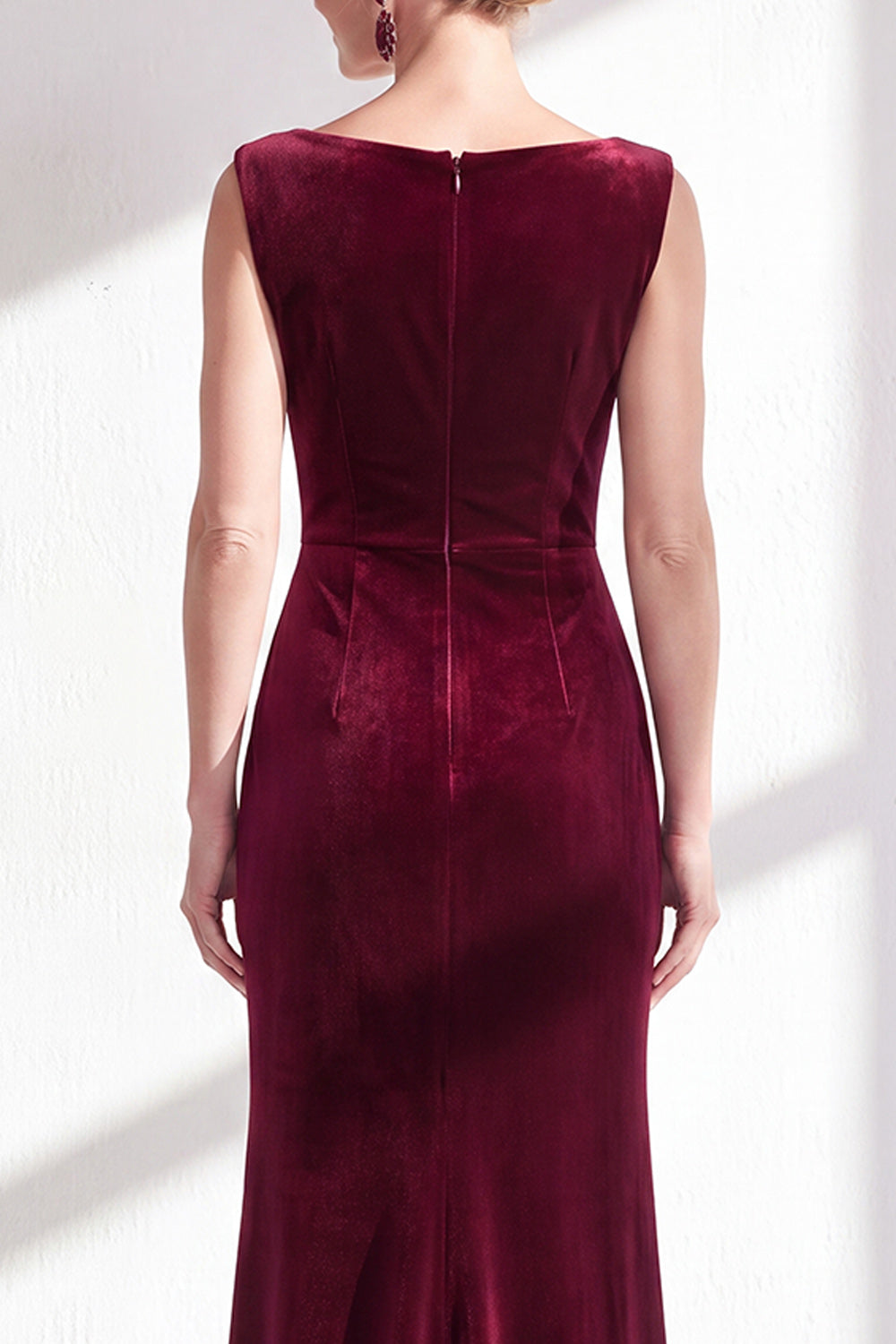 Dark Green Velvet Bateau Neck Mermaid Long Wedding Guest Dress with Slit