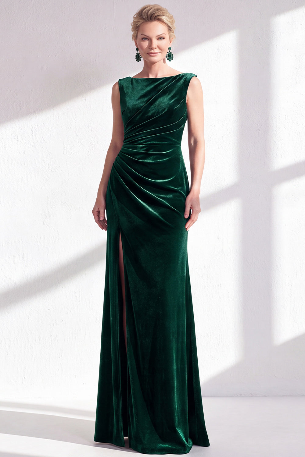 Dark Green Velvet Bateau Neck Mermaid Long Wedding Guest Dress with Slit