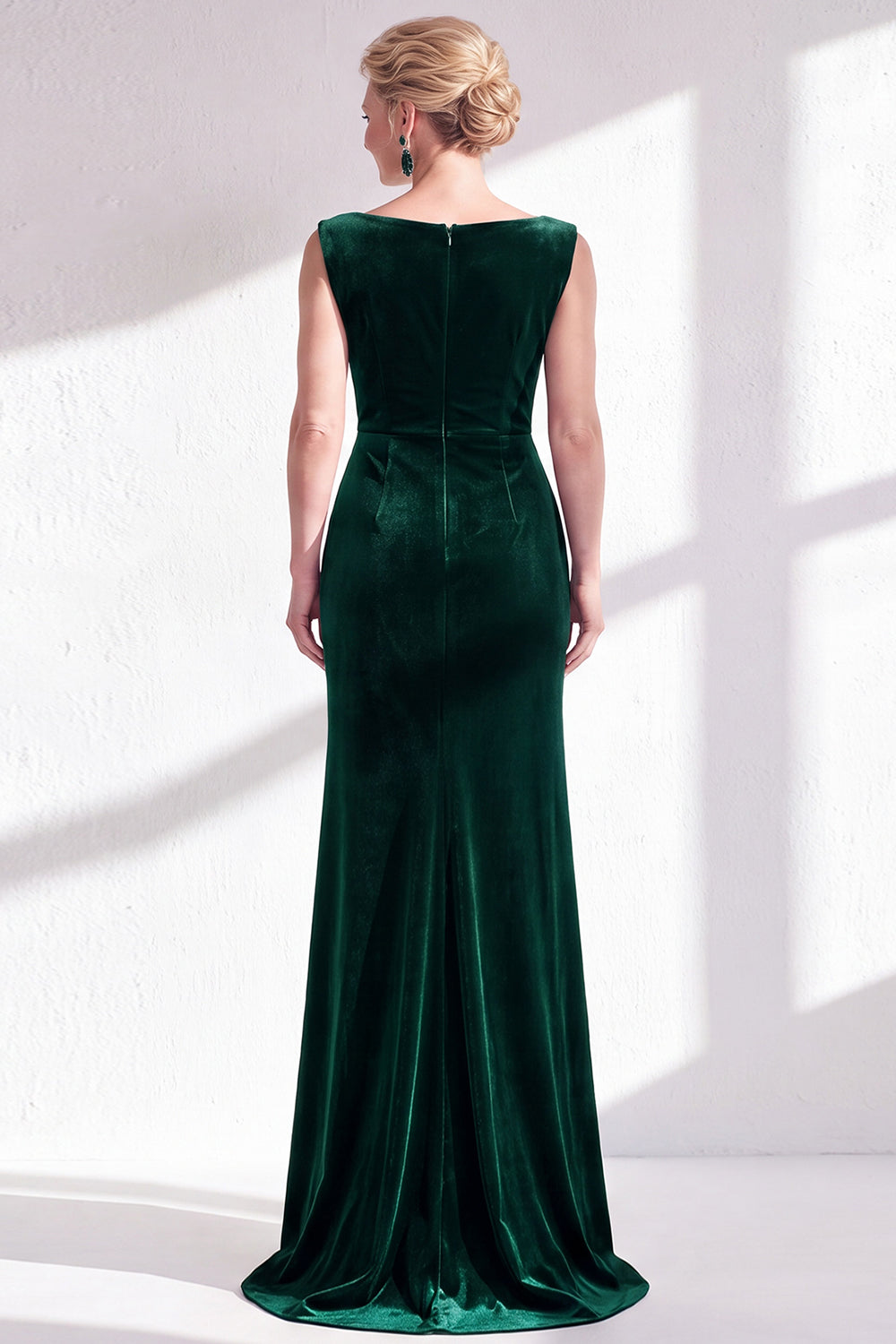 Dark Green Velvet Bateau Neck Mermaid Long Wedding Guest Dress with Slit