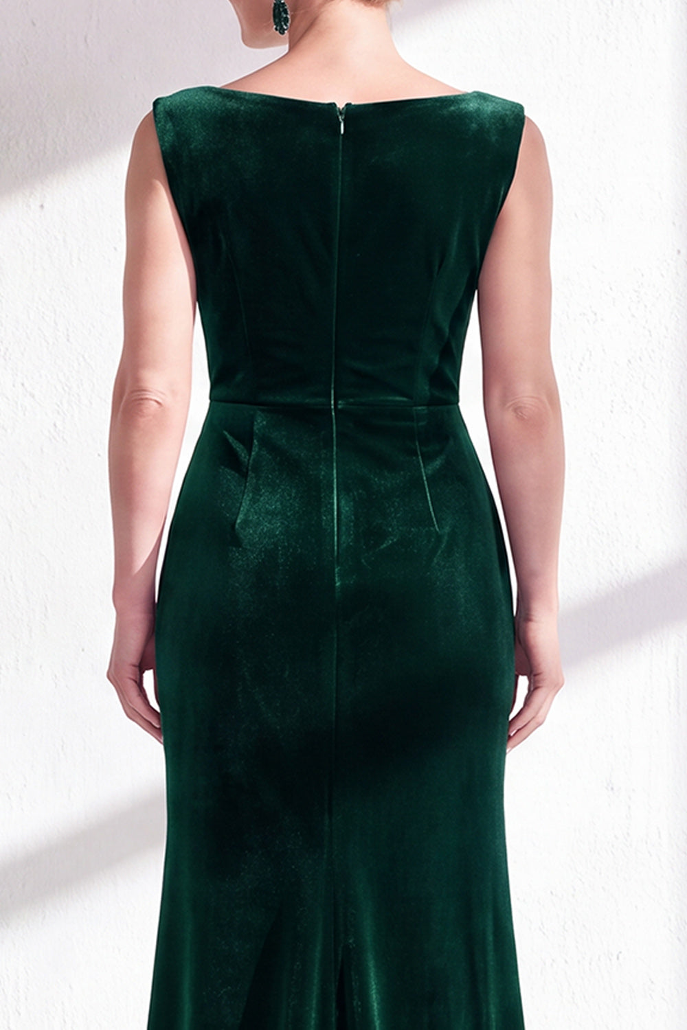 Dark Green Velvet Bateau Neck Mermaid Long Wedding Guest Dress with Slit