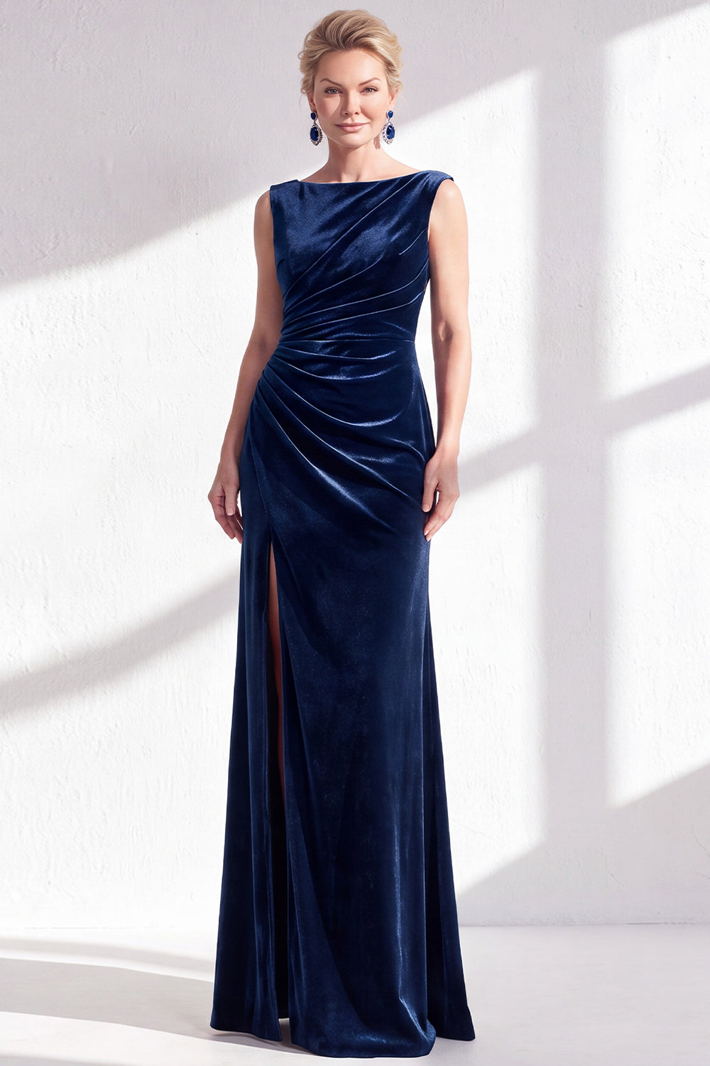 Dark Green Velvet Bateau Neck Mermaid Long Wedding Guest Dress with Slit