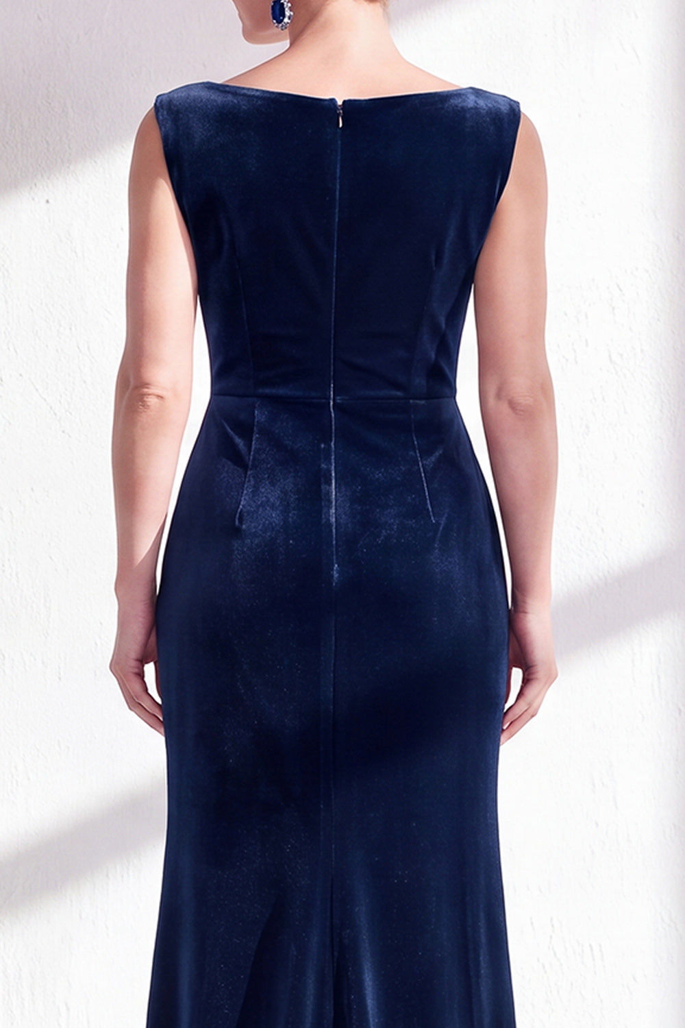 Dark Green Velvet Bateau Neck Mermaid Long Wedding Guest Dress with Slit