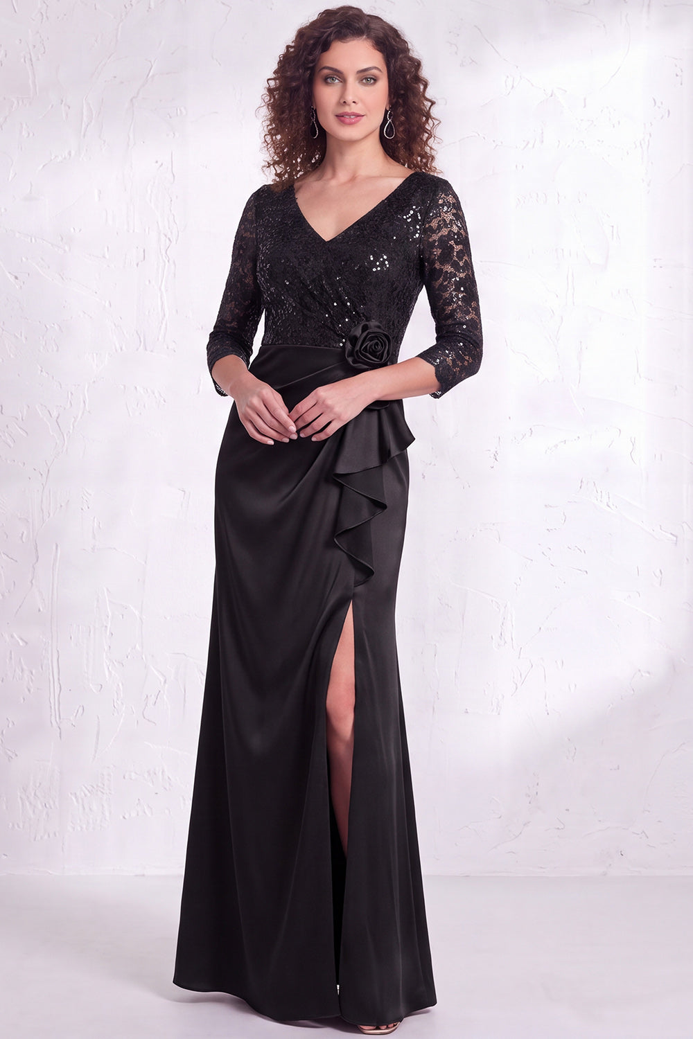 Burgundy Floral Lace Sequin Mermaid Long Wedding Guest Dress with Slit