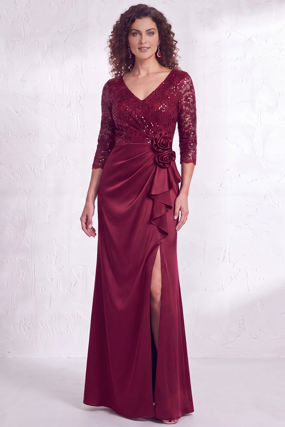 burgundy wedding guest dress with sleeves Sheath/Column Square Neckline Long This burgundy wedding guest dress combines timeless elegance with contemporary design Zquuvou Women's V Neck Dress