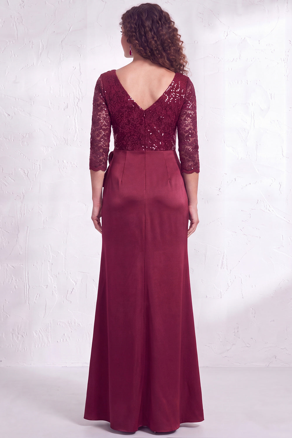 Burgundy Floral Lace Sequin Mermaid Long Wedding Guest Dress with Slit