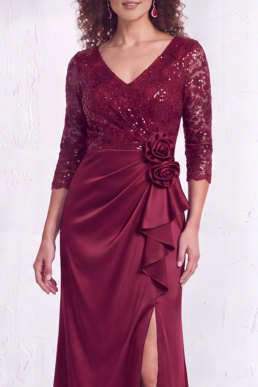 Burgundy Floral Lace Sequin Mermaid Long Wedding Guest Dress with Slit