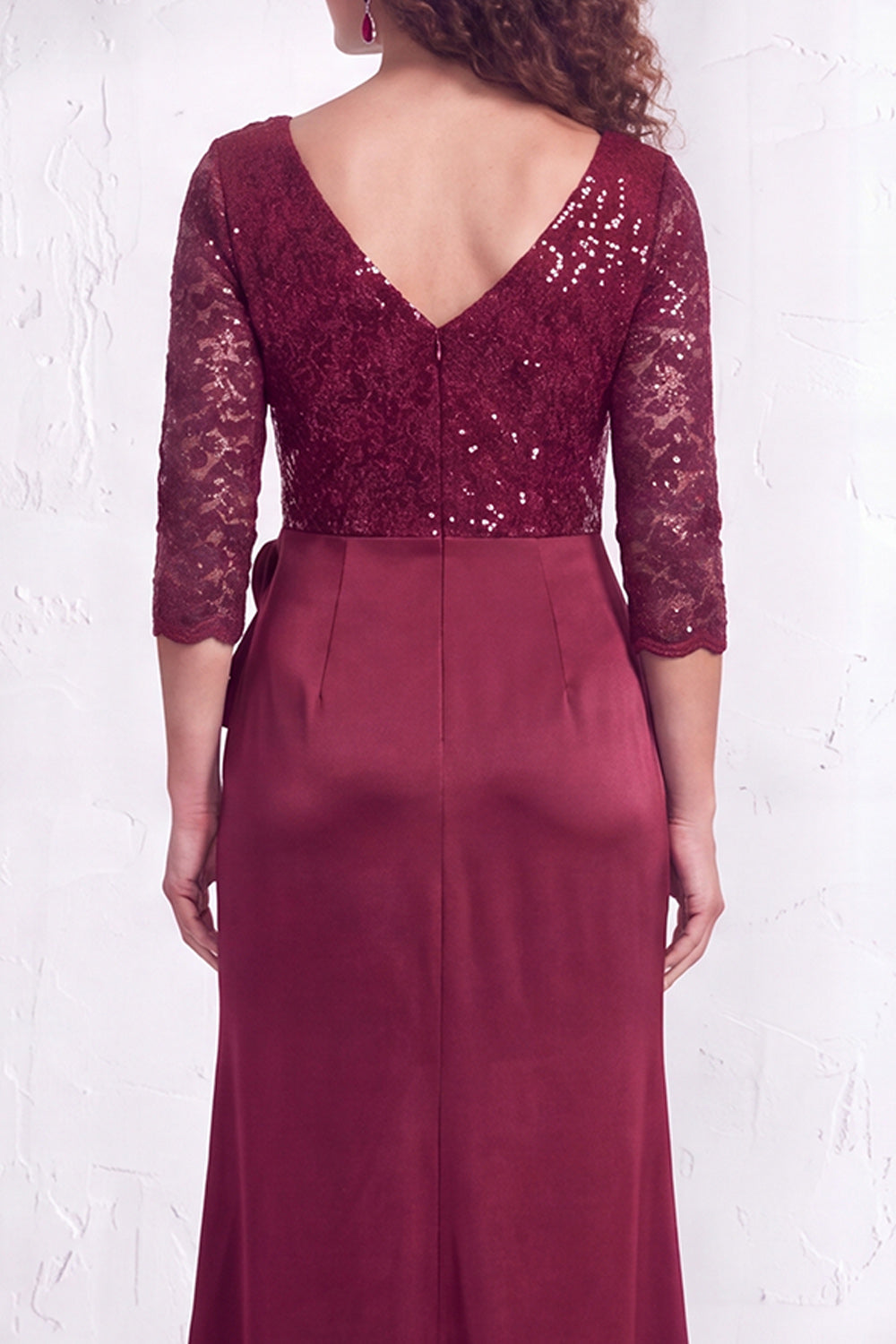 Burgundy Floral Lace Sequin Mermaid Long Wedding Guest Dress with Slit