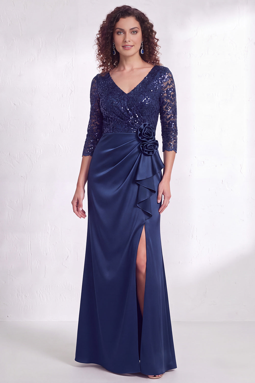 Burgundy Floral Lace Sequin Mermaid Long Wedding Guest Dress with Slit