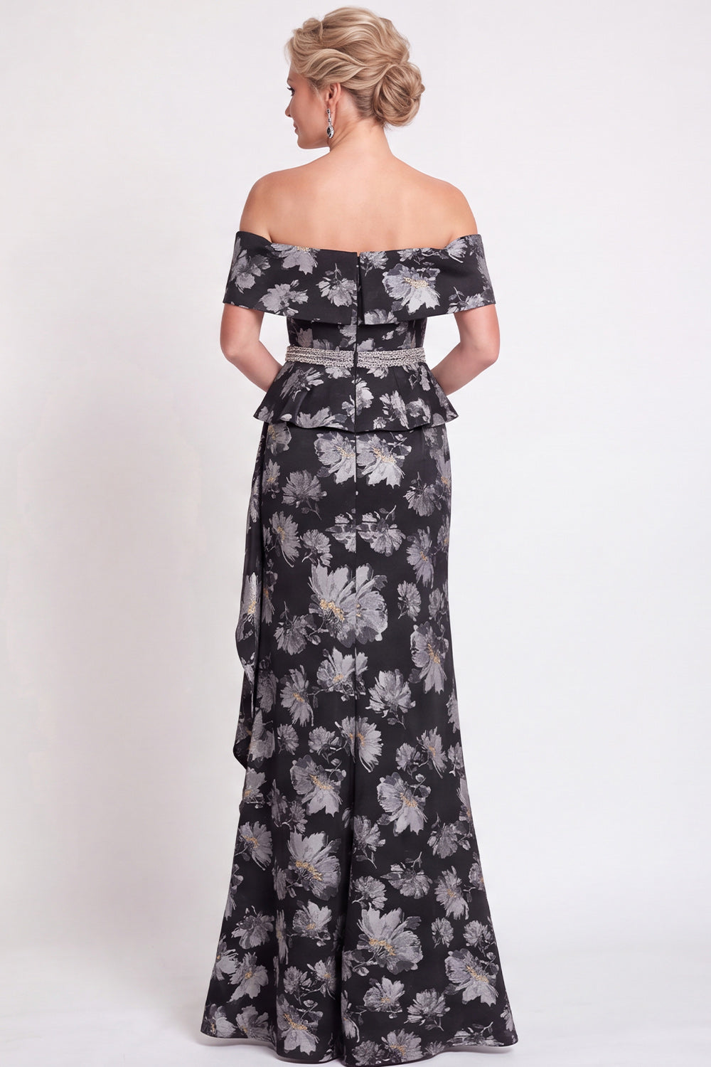 Navy Green Flower Floral Off the Shoulder Mermaid Long Wedding Guest Dress with Slit