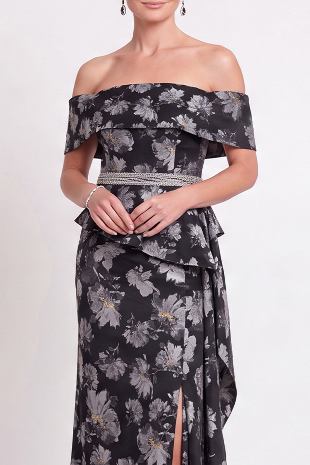 Navy Green Flower Floral Off the Shoulder Mermaid Long Wedding Guest Dress with Slit